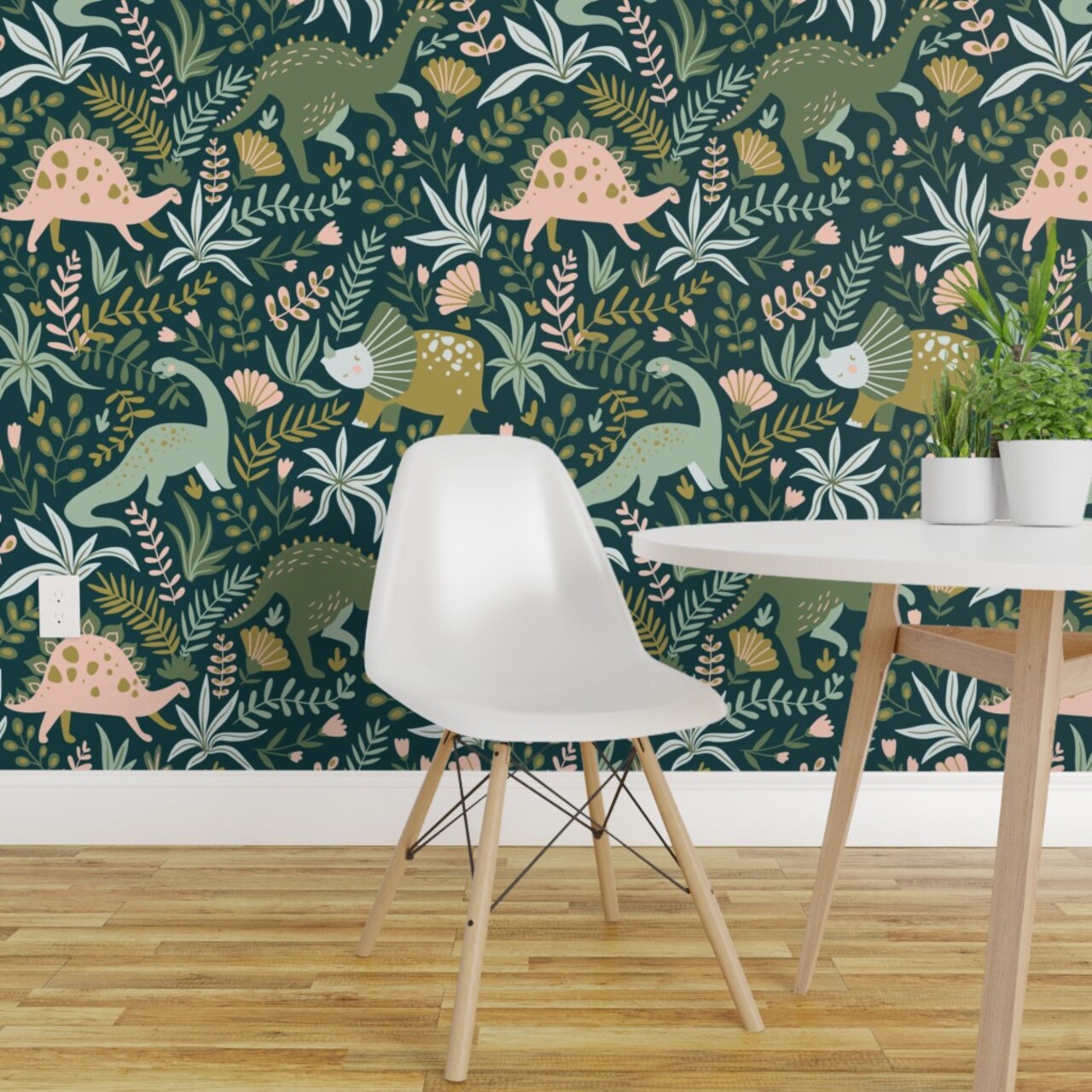 Peel & Stick Wallpaper 2FT Wide Botanical Dinosaurs Green Pink Animals Jurassic Kids Children Prehistoric Custom Removable Wallpaper by Spoonflower